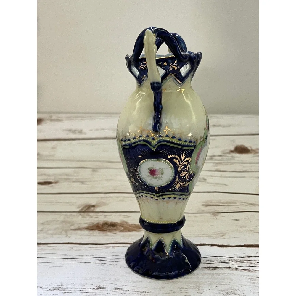 Porcelain Vase Cobalt Blue Gold Gilt Portrait Floral 9.25in
